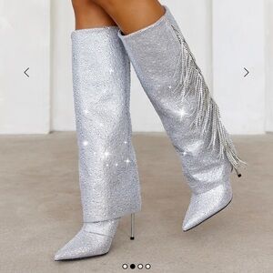 Silver Glitter Sanya-R Rhinestone Knee-High Boots